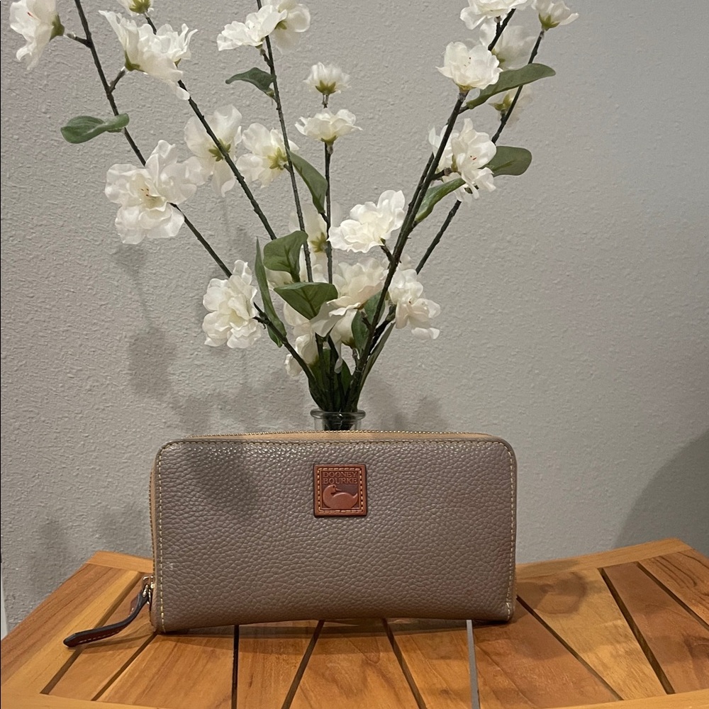 Dooney & Bourke Taupe Pebbled Leather Large Zip Wallet